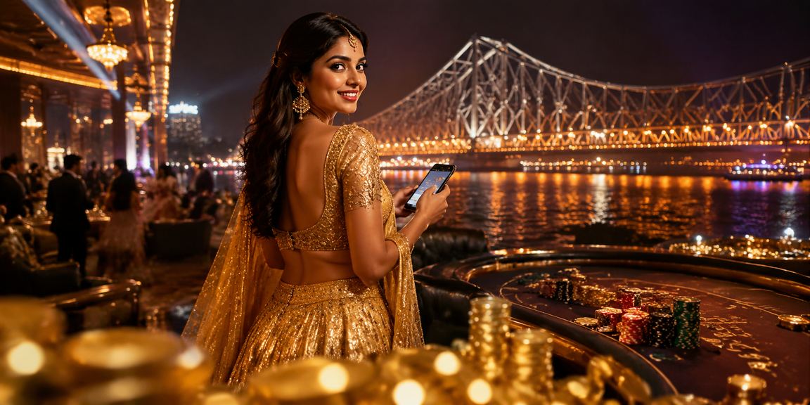 View of Howrah Bridge with neon casino visuals representing mobile gaming